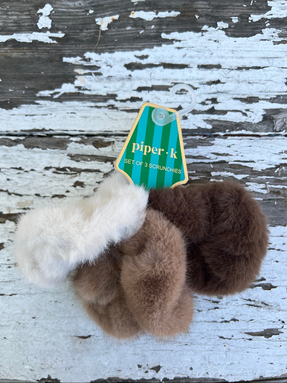 piper·k Faux Fur Scrunchies Set in Cream, Light Brown & Dark Brown